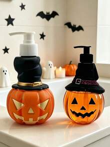 1pc Halloween Pumpkin Shaped Dispenser Bottle 350ml Jack-O'-Lantern With Witch Hat Design, Shampoo Body Wash Hand Soap Universal Storage Empty Bottle, Halloween Bathroom Decor Gift Container, Halloween Gift, Refillable - Orange - View 3