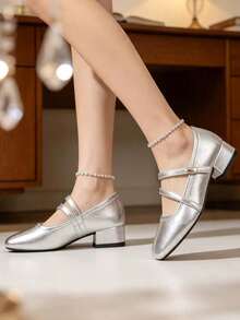 Silver Mary Jane High Heels,Square Toe Block Heels,Double Strap Buckle,Soft PU,Non-Slip Sole,Elegant Women Pumps For Wedding,Party,Daily - Silver - View 1