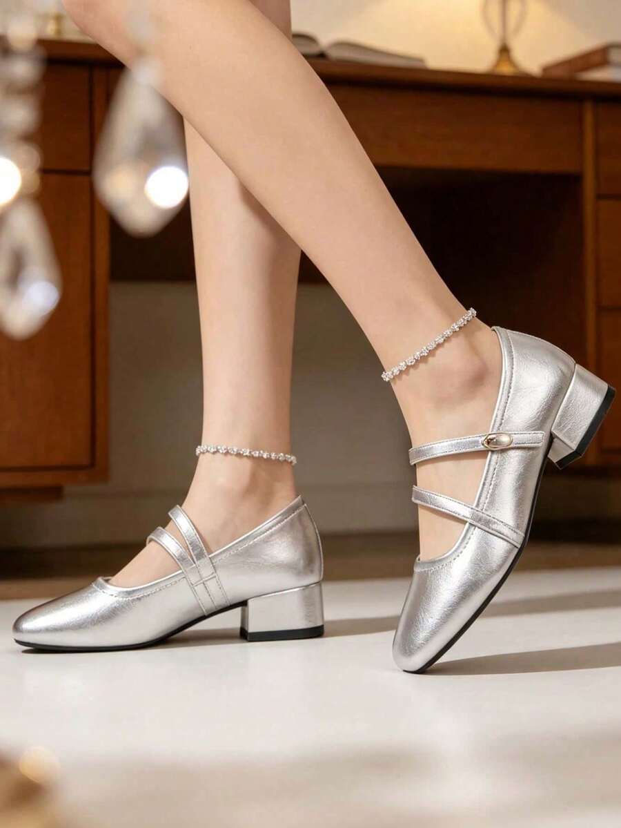 Silver Mary Jane High Heels,Square Toe Block Heels,Double Strap Buckle,Soft PU,Non-Slip Sole,Elegant Women Pumps For Wedding,Party,Daily - Silver - View 1