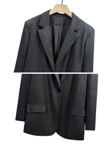 Women's Autumn/Winter Fashion Light Commute Solid Color Lined Oversized Padded Shoulder Wide Cuff Split Single-Breasted Mid-Length Long Sleeve Blazer & Low Waist Mini Skirt Set - Dark Grey - View 7