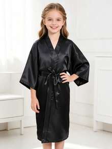 Young Girl Black Mid-Sleeve Long Robe - Multicolor - View 5