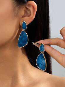 1Pair Fluid Texture Two-Tier Water Drop Earrings, Gold Trim Vintage Long Women Ear Jewelry - Green - View 15