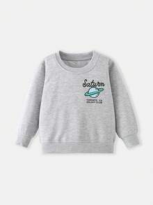 Kids Round Neck Long Sleeve Sweatshirt With Earth Planet English Print, Loose Casual Pullover Sweatshirt For Toddlers And Young Children - Grey - View 2