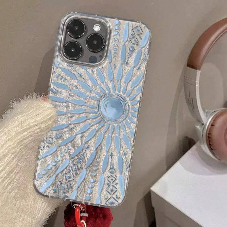 Light Blue Sun Totem Feather Gauze Radial Ice Flower Pattern Shockproof Protective Phone Case Compatible With Iphone 17 Pro Max, 16/15/14/11/12/13 Pro Max - Multicolor - View 1