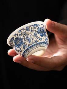 1pc/2pcs Blue And White Porcelain Ceramic Tea Cup, Tea Tasting Cup With Lotus Vine Pattern, High-End Ceramic Tea Cup, Lightweight Luxury Personal Tea Cup, Water Cup, Gift Cup, Suitable For Home, Gift, Party - Multicolor - View 1