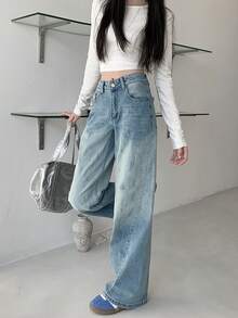 Celana Jeans Wanita Gaya Amerika Model Lebar dengan Potongan Longgar dan Pinggang Tinggi, Panjang Hingga Lantai, Desain Musim Panas - biru antik - View 2