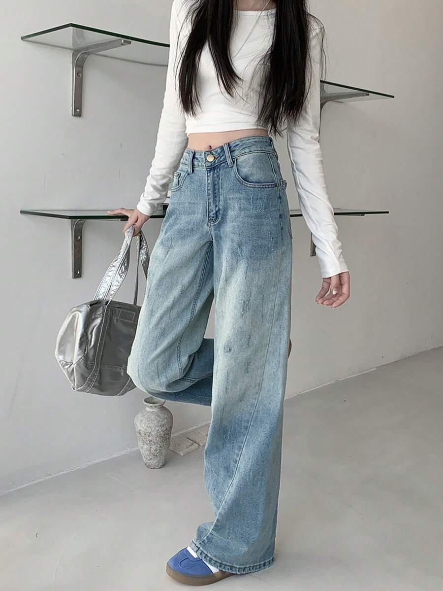 Women's American Style Washed Wide Leg Jeans, High Waist Loose Fit Slimming Floor Length Pants, Summer Design - Retro Blue - View 1