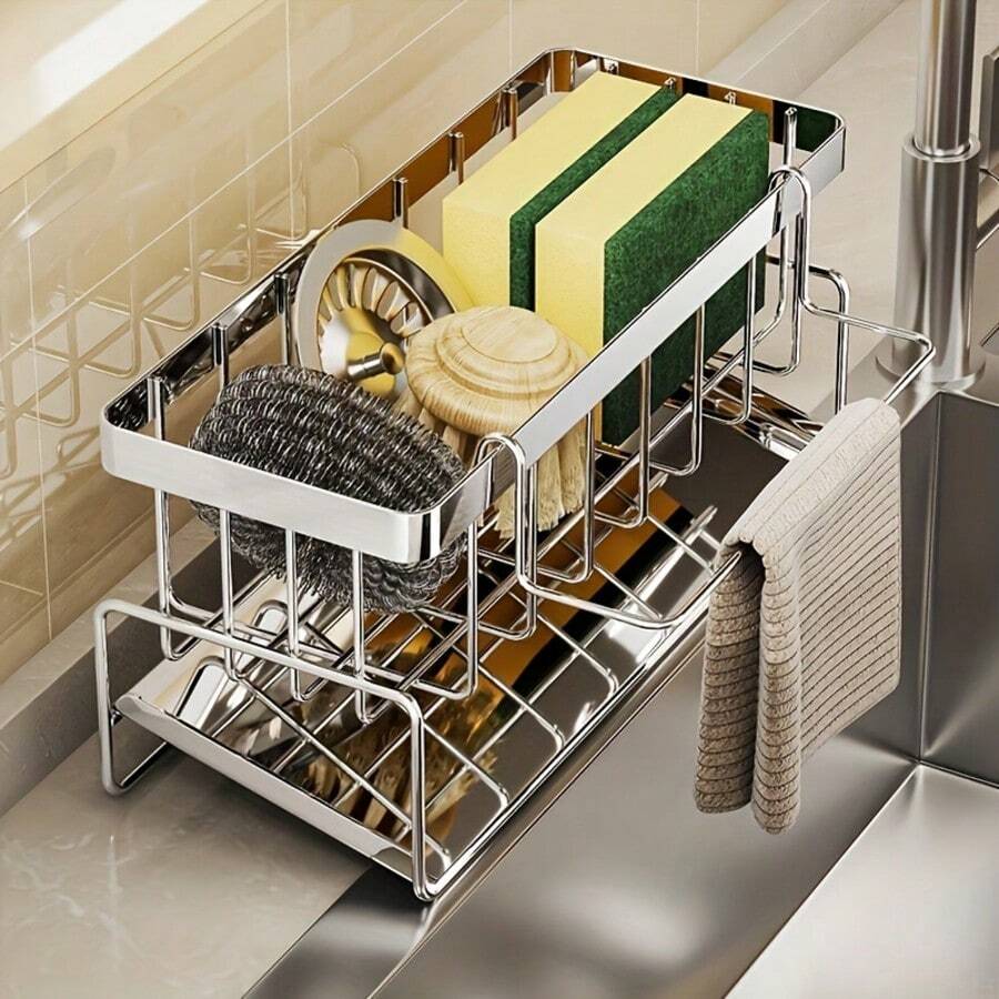 1件不鏽鋼水槽收納架附滴水盤，防鏽廚房收納，適用於海綿、皂液器與清潔布，耐用檯面配件，廚房水槽海綿置物架