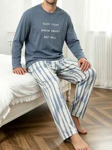 Men's 2 Pieces Pajama Set, Autumn/Winter Crew Neck Letter Print Top & Abstract Striped Print Long Pants, Casual Loungewear - Multicolor - View 3