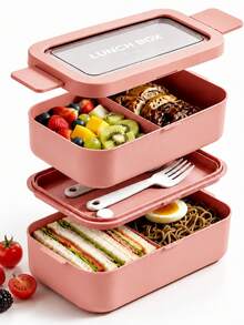 1pc Stackable Bento Box Adult Lunch Box | Suitable For Dining Out, Salad And Snack Storage, Premium Adult Lunch Box Set With Matching Components, Perfect For School, Office, Travel And Picnic, Back To School Essential - Multicolor - View 2