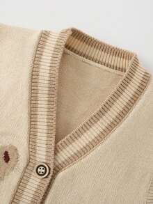 Boys Cute Bear Embroidered Knitted Vest, Versatile V-Neck Button Sweater Vest - Khaki - View 4