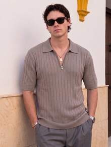 Lookun Men's Knitted Polo Shirt Short Sleeve Vertical Ribbed Italian Retro Half-Zip Luxury Casual Knit Top Spring Summer - Brown - View 4