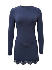 LovelyWholesale Women'S Solid Crew Neck Long Sleeve Crop Top Drawstring Waist Lace Trim Mini Skirt 2 Pieces Set, Stretchy Night Out Outfit Fall Outfit - Navy Blue - View 4