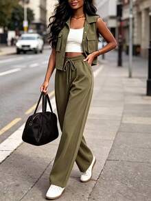 Women's 3 Pieces Vintage Military Green Utility Set, Short Sleeve Shacket, White Camisole, Spring/Autumn Elegant - Army Green - View 2