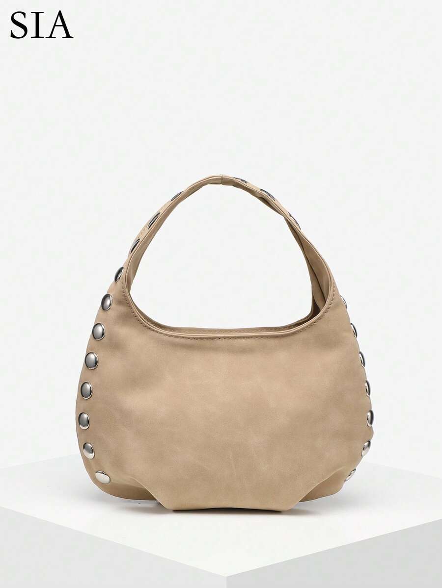 1pc Women's Vintage Rivet Faux Suede Pleated Crescent Shoulder Bag, Suitable For Street, Date, Commute - Khaki - View 1