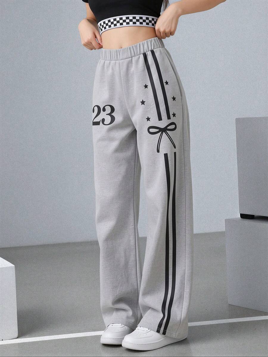 Autumn/Winter Casual Vacation Versatile Knit Letter & Bow Print Wide Leg Long Pants For Teen Girls - Grey - View 1