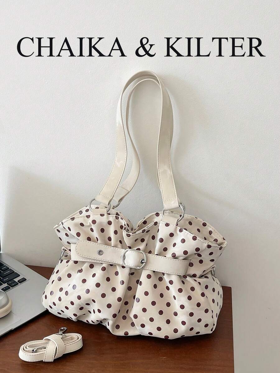 CHAIKA & KILTER 1pc Colorblock PU Fabric Tote Bag, Women's Fashion Shoulder Tote Bag, All-Over Polka Dot Pattern, Dual Handle Design, Zipper Closure, Strap Decoration, Suitable For Daily And Street Use