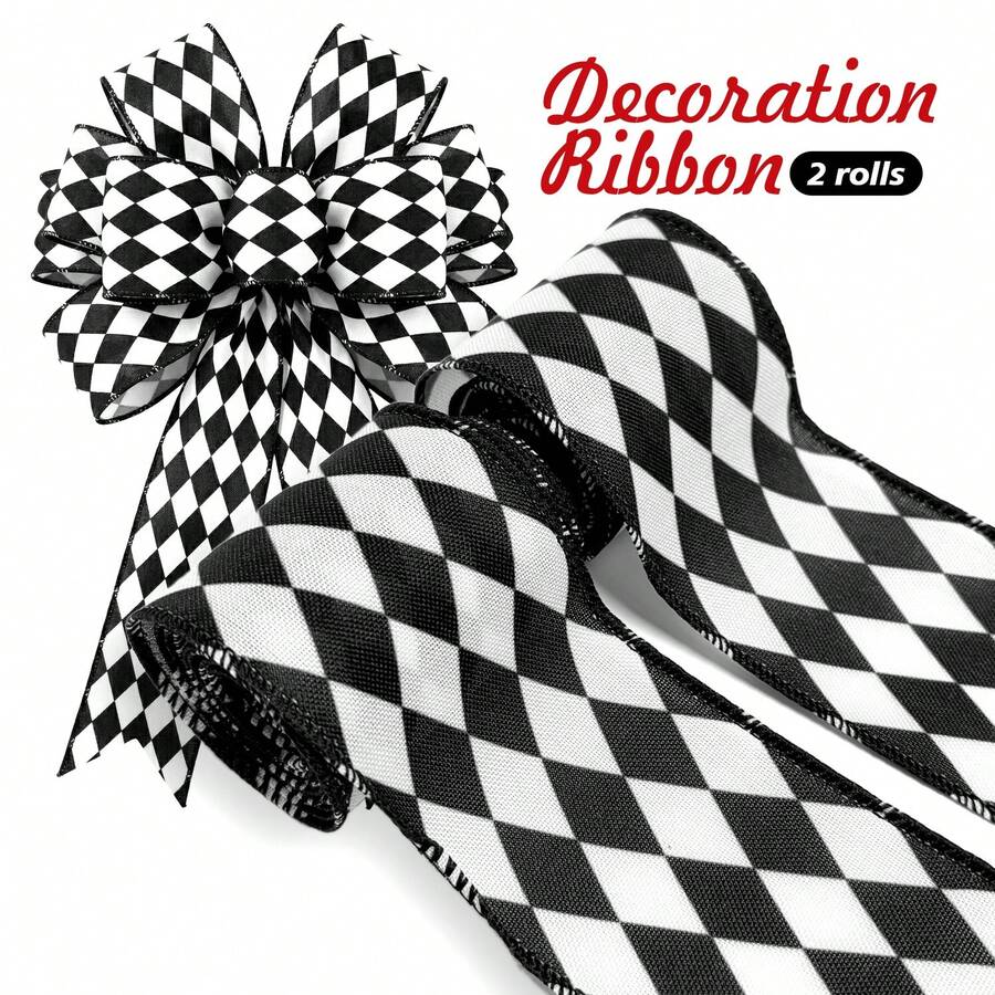 2 Rolls Black & White Argyle Pattern Ribbon, 2.5inch/6.3cm Wide Wired Edge Ribbon, 6m Total Length, Classic Checkerboard Style, Suitable For Christmas Gift Wrapping, Halloween Decoration, DIY Bow Making, Wedding Floral Arrangement And DIY Crafts - Diamond Pattern - View 1