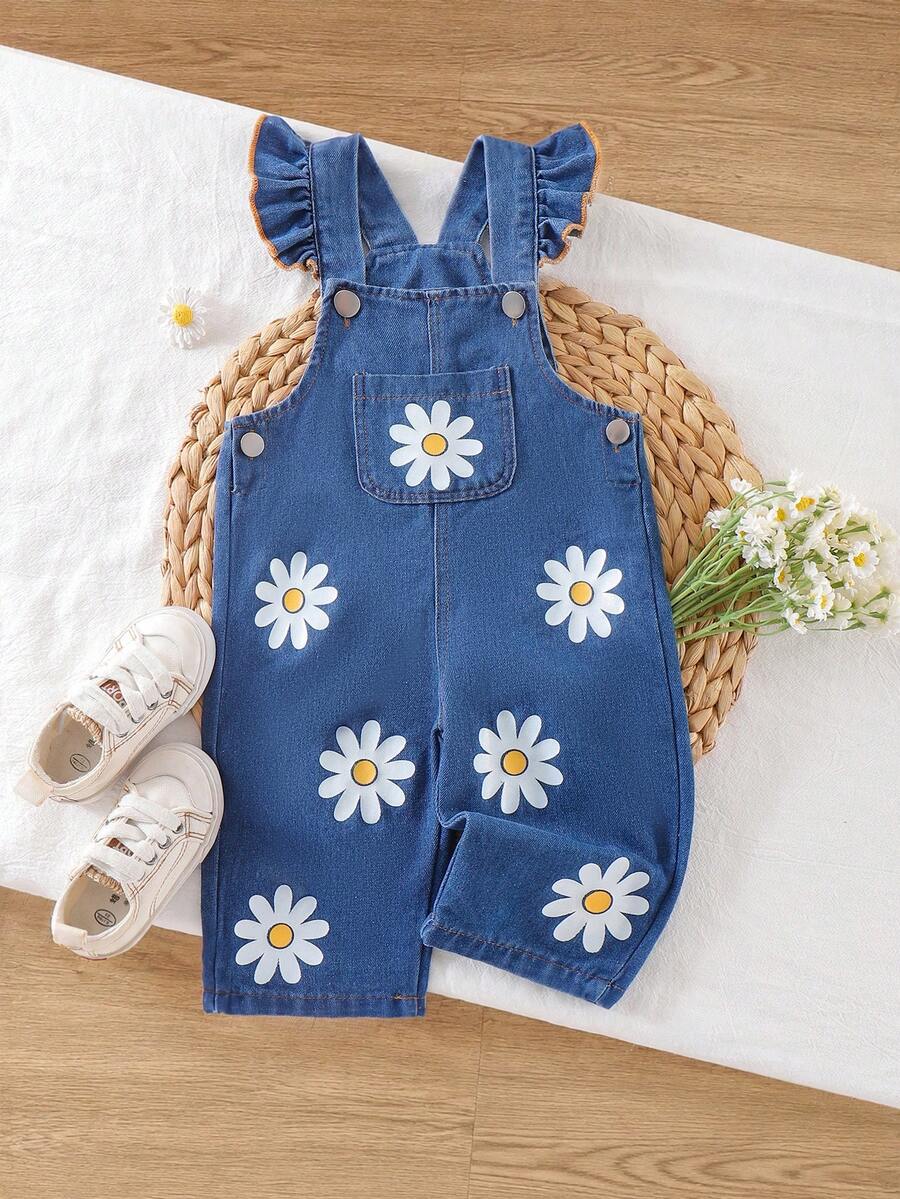 1pc Cute Floral Pocket Decor Baby Girl Romper, Summer & Autumn - Blue - View 1