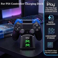 iplay PlayStation 4/Slim/Pro 無線控制器雙充充電座,雙控制器同步充電,紅/綠狀態指示燈,過充保護,桌面控制器充電與收納架 - 查看 3