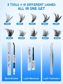 RITALASH RITA 2560/640pcs Eyelash Cluster Set 20D+30D+40D+50D+60D+80D+W05+W06+W02+W04 Thickened Cluster Eyelash Extensions 10-16mm Single Cluster Eyelash Extensions DIY Home Eyelash Extensions With Adhesive, Sealer And Tweezers - Black - View 3