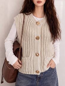 Women's Spring/Autumn Slouchy Large Button Design Cardigan Sweater Vest - Beige - View 3