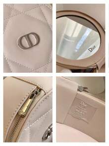 Dior Quilted Round Cosmetic Bag With Metal Logo Zipper Closure, Portable Travel Makeup Storage Bag With Top Handle, Women's Beauty Storage Gift - Pink - View 9