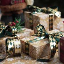 Elegant Green Gold Diamond Plaid Christmas Ribbon Harlequin Check Satin Ribbons For Gift Wrapping DIY Bow Making Wreath Tree Decor Vintage Aesthetic Holiday Party Supplies - Multicolor - View 4