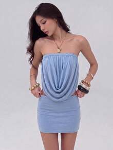 Top Dazzle Women's Sexy Backless Strapless Tube Top And Bodycon Mini Skirt Two Pieces Set, Elegant Medium Stretch Casual Outfit - Blue - View 3