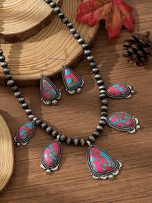 European & American Bohemian Vintage Exotic Style Colorful Turquoise Necklace & Teardrop Earrings Jewelry Set, Suitable For Outfit Matching, Daily Wear, Holiday Occasions - Pink - View 3