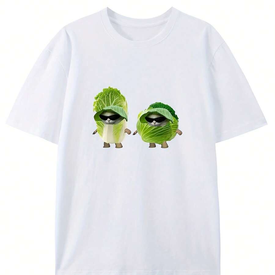 Women's T-Shirt With Round Neck And Creative Cat And Cabbage Print, Cotton, Fashionable, Short-Sleeved. - 款式 - 查看 1