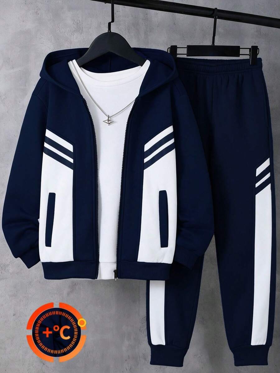 2pcs/Set Boys' Casual Colorblock Hoodie Sweatshirt And Contrast Color Jogger Pants Set, Spring/Autumn - Navy Blue - View 1