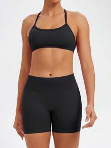 2 Pcs Set For Woman Clothes Seamless Scrunch Yoga Shorts Set Backless Sports Bra Fitness Workout Top Gym Set Black - Black - View 8