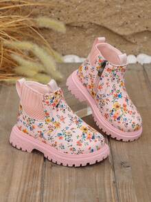 1 Pair New Soft Sole Non-Slip Baby Boots, Pastoral Pink Floral Pattern Children's Boots, Versatile Princess Short Boots For Little Girls - Pink - View 1
