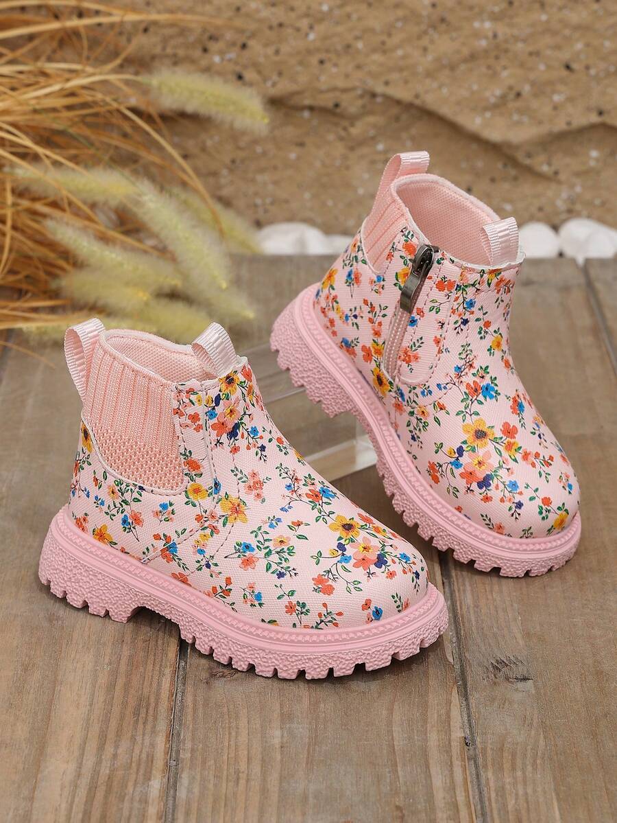 1 Pair New Soft Sole Non-Slip Baby Boots, Pastoral Pink Floral Pattern Children's Boots, Versatile Princess Short Boots For Little Girls - Pink - View 1