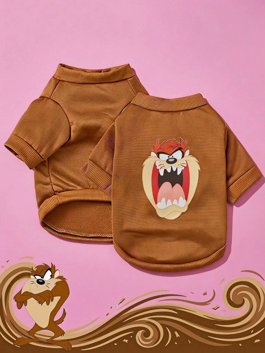 LOONEY TUNES X PETSIN 1件恶魔脸印花宠物无帽棕色秋冬加厚保暖宠物服 - 彩色 - 查看 1