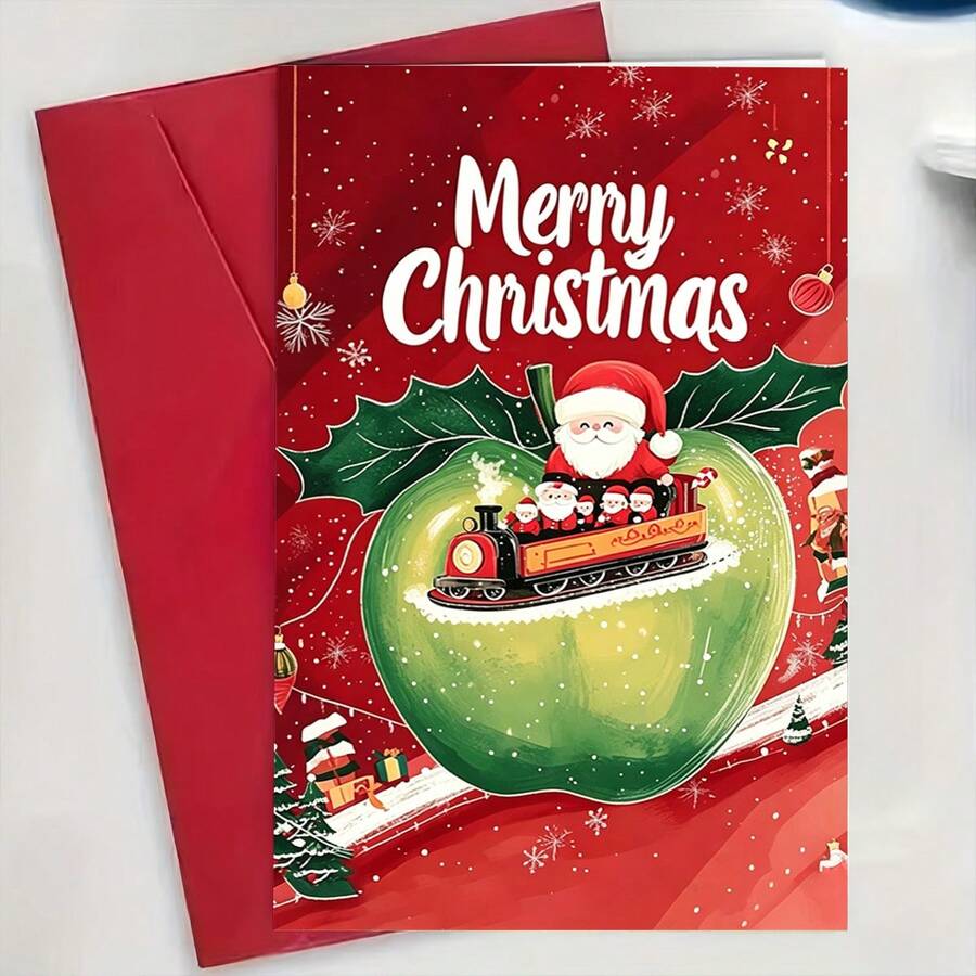 1 buah Kartu Ucapan Lucu dengan Amplop - Santa Claus, Kereta Kecil, Apel, Cocok untuk Ulang Tahun, Pesta, Natal, Festival Musim Semi, dan Acara Lainnya, Ucapan Selamat Liburan, Sempurna untuk Hadiah Keluarga, Teman, dan Tetangga - MultiWarna - View 1