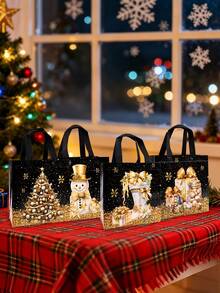 4/8pcs Black & Gold Christmas Gift Bags, Snowman Glitter Non-Woven Fabric Gift Packaging Bags, Holiday New Year Party Supplies, 2026 Home Christmas Decor - Multicolor - View 9