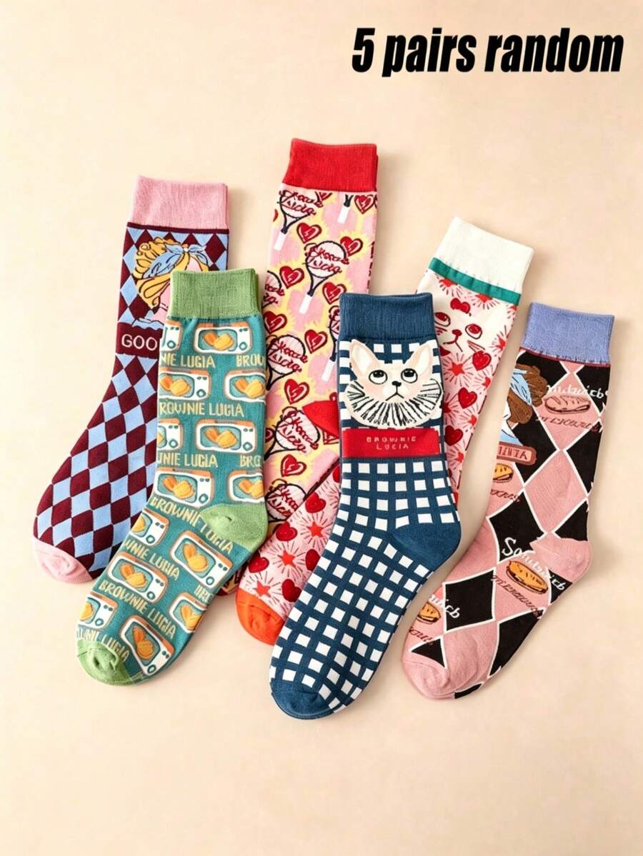 5 Pairs Women's Random Print Socks, Multicolor Cartoon Pattern, Soft Cotton Blend Comfortable And Cute, Vintage Casual Style - Multicolor - View 1