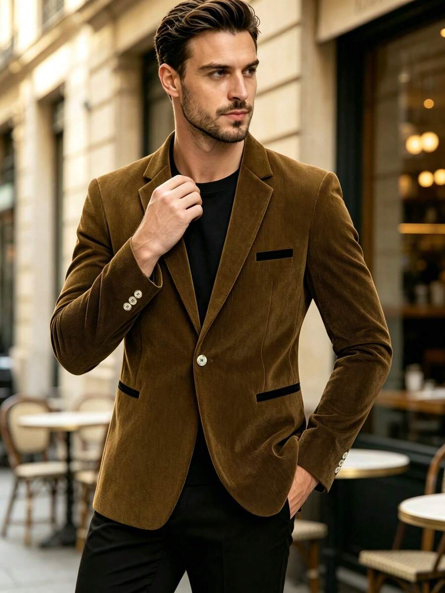 Men's Vintage Corduroy Blazer, Slim Fit Design, Comfortable And Confident Wear, Suitable For Formal Occasions, Business Meetings And Gatherings - Brown - View 1