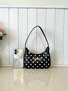 Fashion Polka Dot Underarm Bag For Girl, New Gentle Bow Crescent Moon Small Bag, Versatile Commute Shoulder Handbag, Suitable For Daily Use - A - View 4