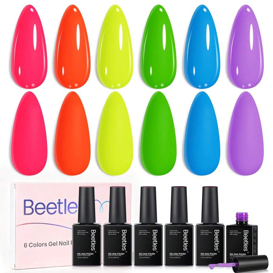 Beetles 6 Colors Rainbow Kingdom Neon Gel Nail Polish Set, HEMA-Free Hot Pink, Blue, Yellow, Green & Purple Shades, Long-Lasting Soak Off UV LED Gel For Salon, Home DIY & Holiday Manicures - 6 Colors Rainbow Kingdom Neon - 查看 1
