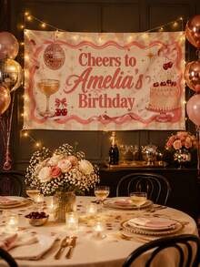Customized Birthday Banner Personalized Polyester Fabric Backdrop Wall, Customizable Text & Name Sign, Celebrating Birthday Brunch Pajama Party, Pink & Brown Wavy Edge Wall Decor, Suitable For Dessert Table Photo Booth Garden Celebration, Creative Gift For Adult Women - Multicolor 1 - View 5
