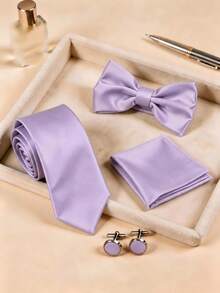 4pcs Men's Business Fashion Versatile Solid Color Polyester Tie & Bow Tie & Pocket Square & Cufflinks Set Suitable For Wedding, Celebration And Daily Wear - Lilac Purple - View 1