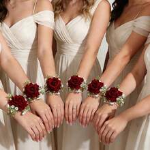 Elegant Burgundy Rose Wrist Corsage With Pearl Accents, Bridal Jewelry And Wedding Accessory, Suitable For Prom And Party - Multicolor - View 4