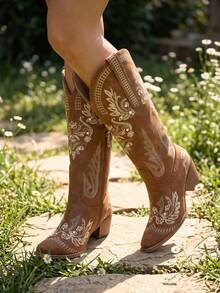 Embroidery Cowgirl Western Boots Chunky Heels Zip Retro Luxury Casual Mid Calf Red Women Ridding Shoes Fashion Wedding Boots - 棕色 - 查看 5