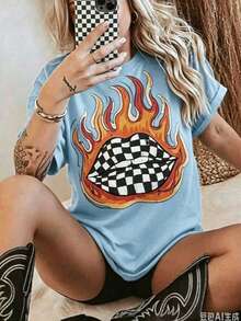 Checkered Flame Lips Shirt Western Graphic Tee Oversized Country Concert Tshirt  Western Clothes Retro Country Tee  Funny Graphic Tshirts - 藍色1 - 查看 2
