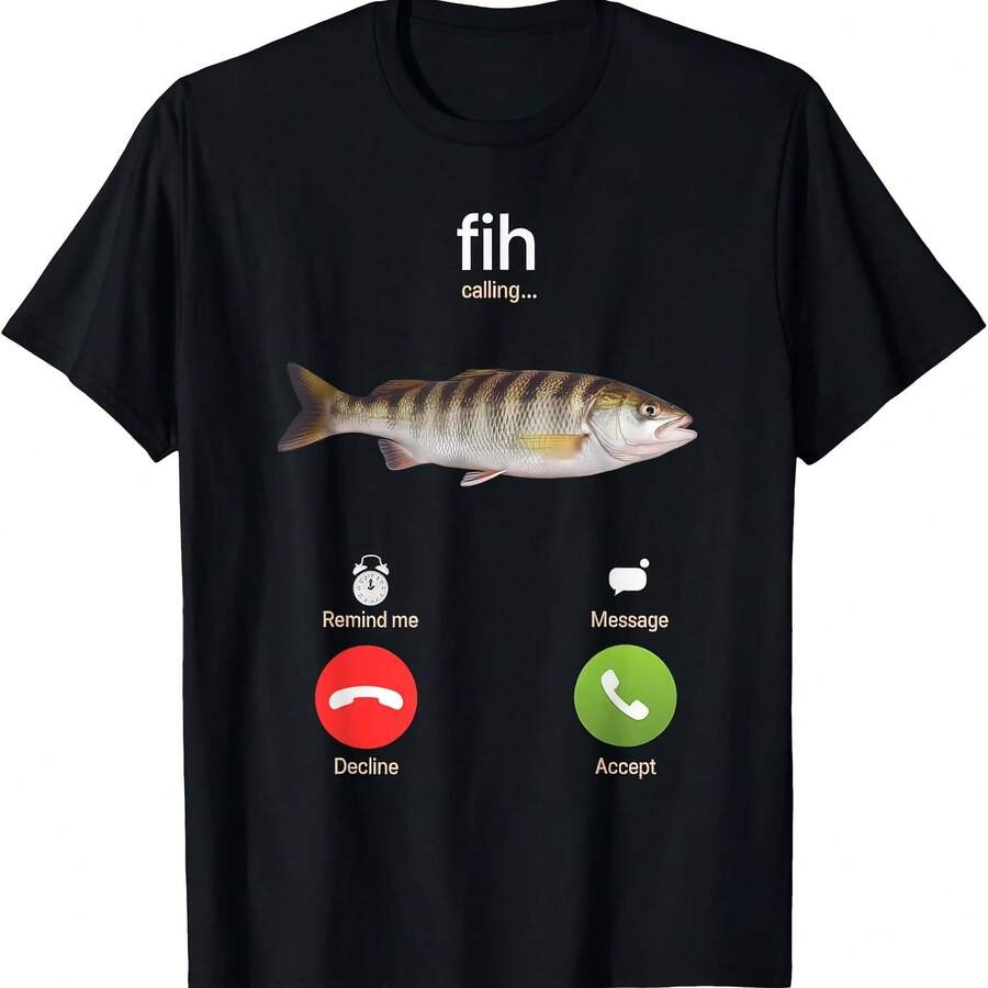 White And Black Short-Sleeved T-Shirt With A Funny "Flaming..." Fish Call Print. Casual T-Shirt With Text. - 款式 - 查看 1