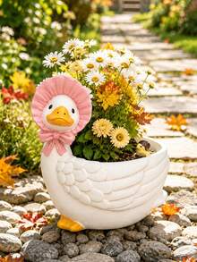 Cute Goose Planter With Pink Hat And Small Chick, Perfect For Planting Daisies, Succulents And Small Plants, Rustic Garden Decor For Patio, Porch, Balcony, Yard Or Windowsill - C - View 2