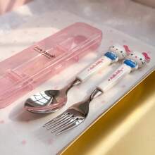 Boxed Random Sanrio Cartoon 2-Piece Stainless Steel Travel Cutlery Set - Portable Fork And Spoon Set, Random Packaging Box, Random Fork Style - Multicolor - View 3